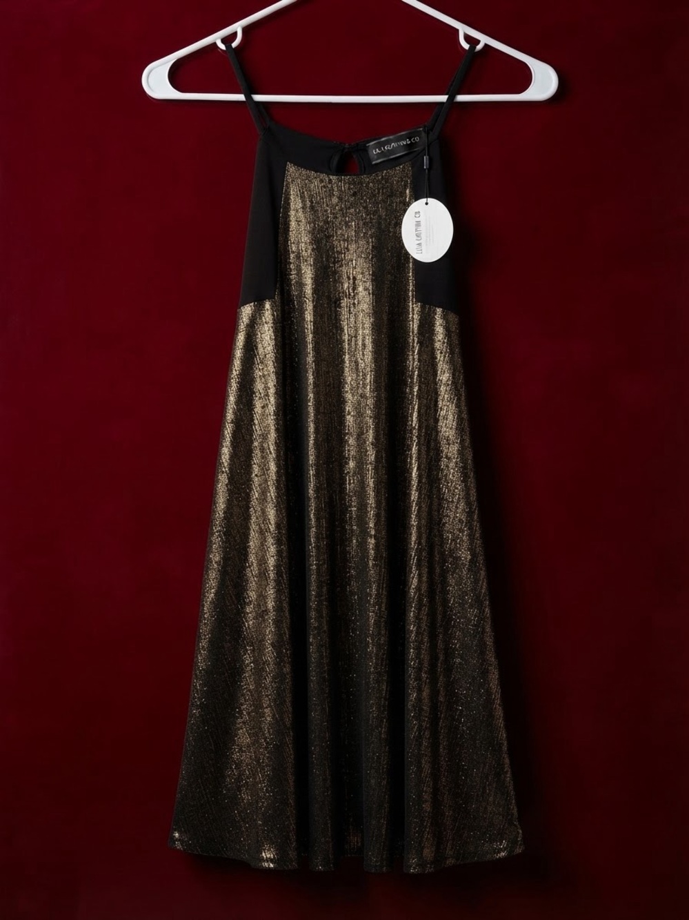 Lilac Clothing Metallic Gold Maxi Skirt with Black Panels